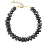 New York Graphite Moonstone Faceted Bracelet with gold clasp, 8mm beads showcasing shimmering light and shadow.