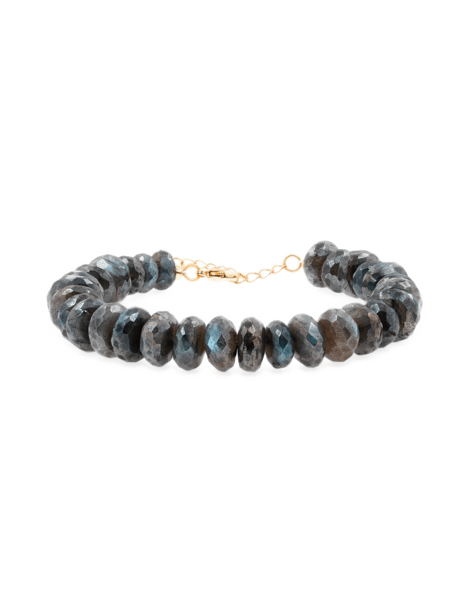 New York Graphite Moonstone Faceted Bracelet showcasing shimmering 8mm beads, symbolizing resilience and inner wisdom.