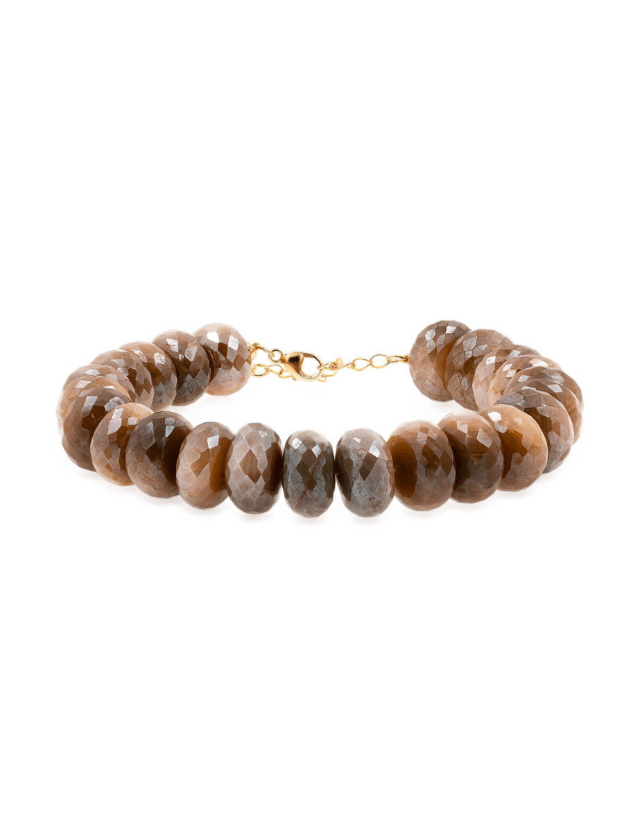 New York Latte Moonstone Faceted Bracelet, 8mm beads, showcasing warm hues and a shimmering glow for emotional balance.