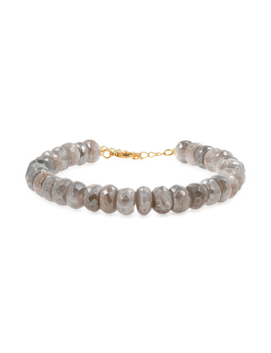 New York Mist Moonstone faceted bracelet with delicate gray beads, showcasing elegance and ethereal shimmer.