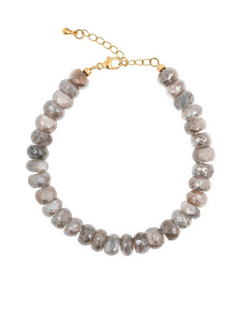 New York Mist Moonstone faceted bracelet with gold clasp, showcasing elegant gray hues and delicate shimmer.