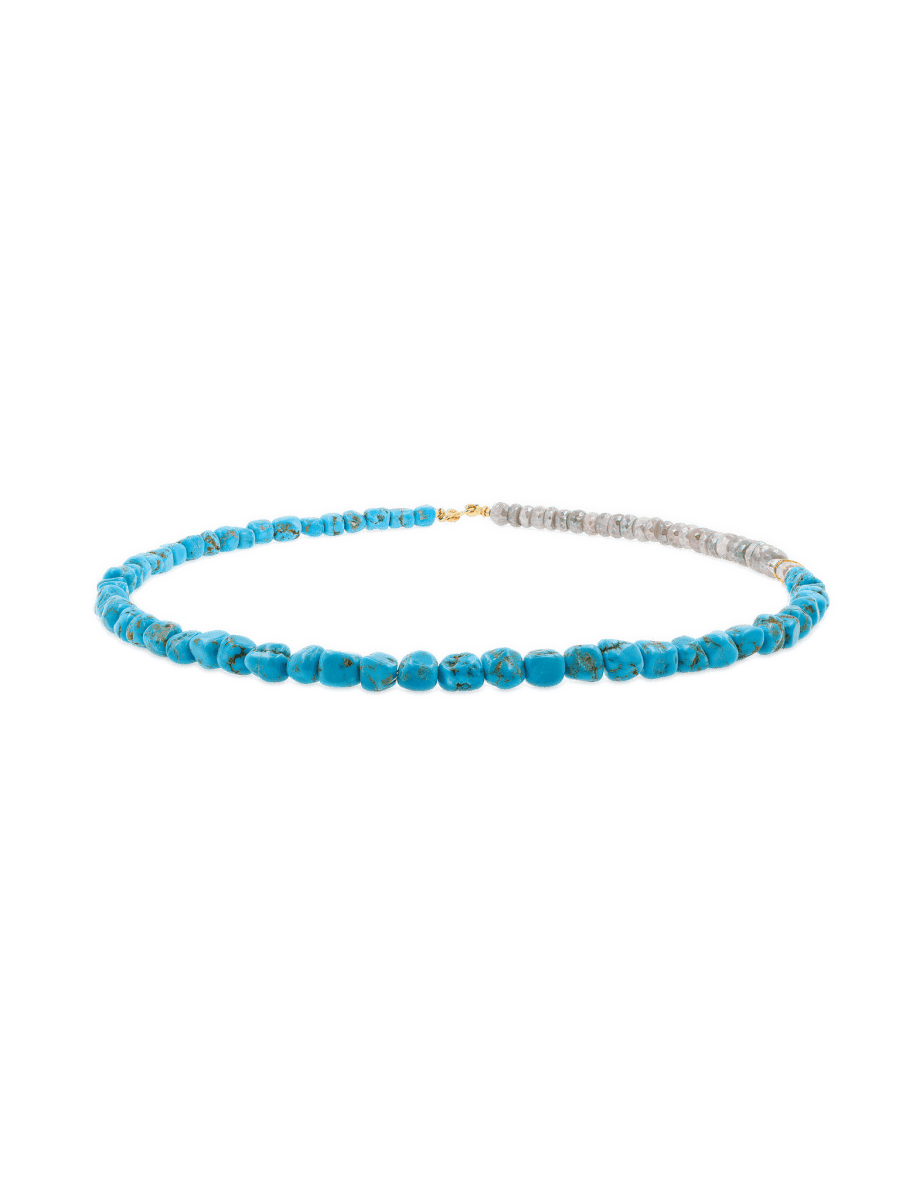 New York Moonstone & Blue Turquoise Faceted Necklace showcasing vibrant turquoise and moonstone beads for harmony and protection.