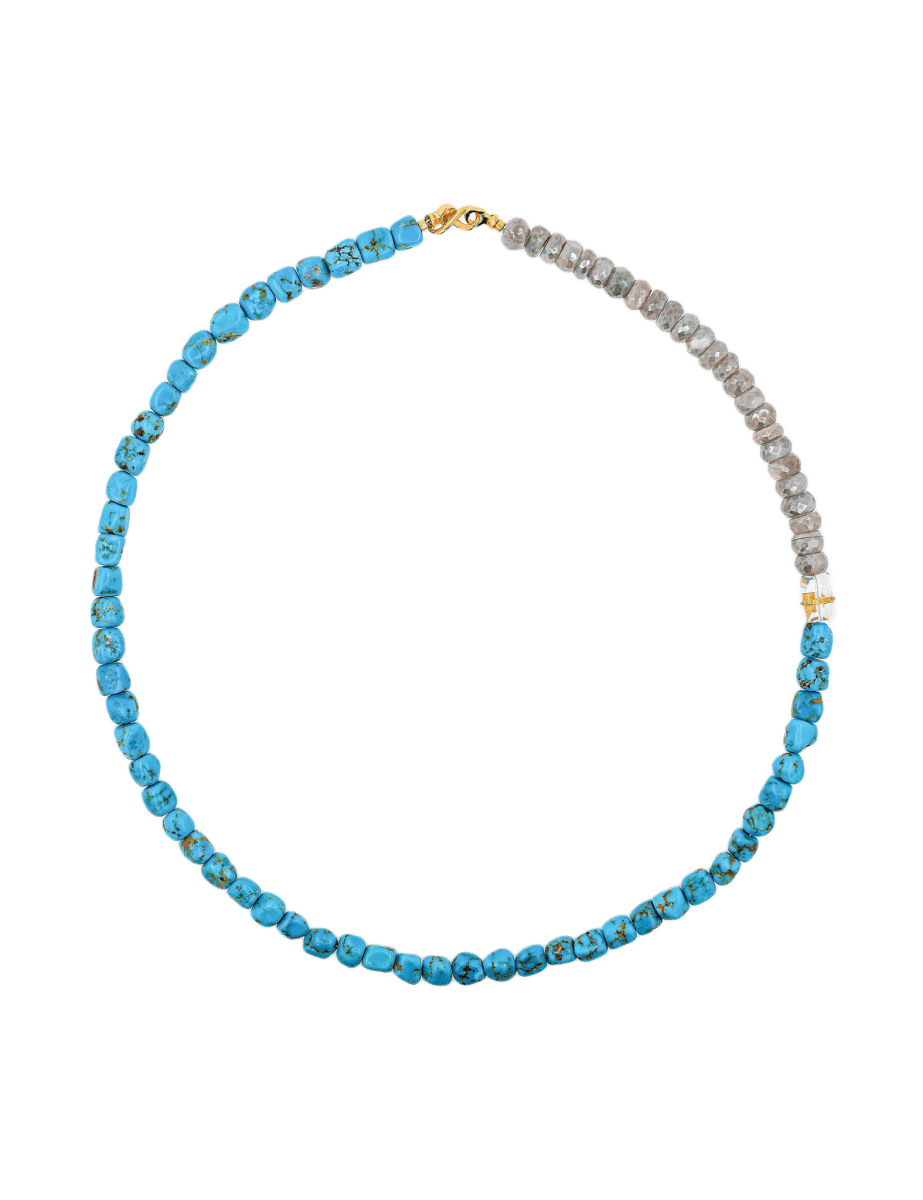 New York Moonstone and Blue Turquoise faceted necklace showcasing harmony and emotional balance.