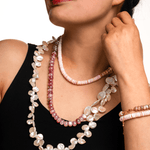 Model wearing New York Moonstone & Conch Shell Faceted Necklace, showcasing ocean-inspired elegance and tranquility.