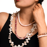 Model wearing New York Moonstone & Conch Shell Faceted Necklace, showcasing ocean-inspired elegance and tranquility.