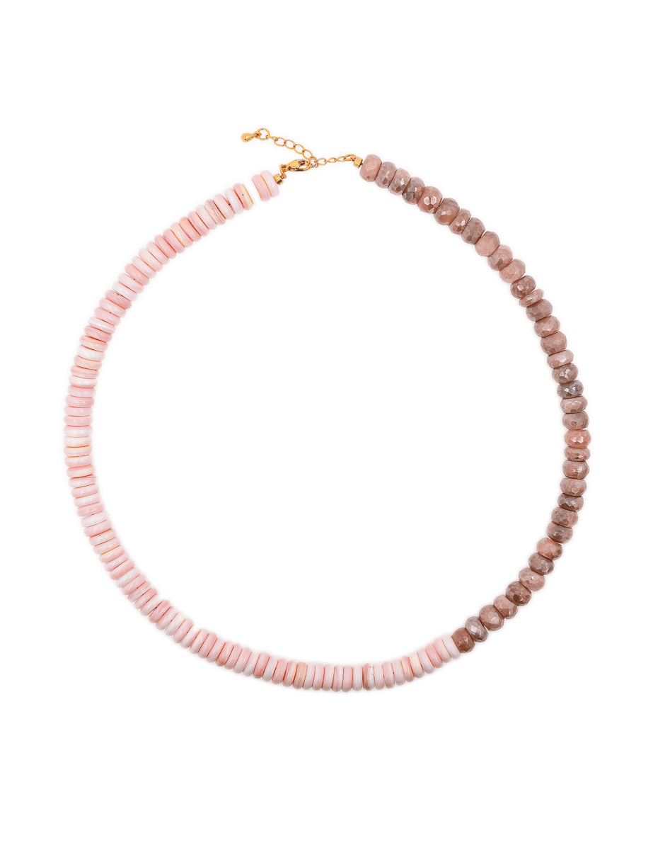 New York Moonstone & Conch Shell faceted necklace with soft pink hues and 925 sterling silver clasp.