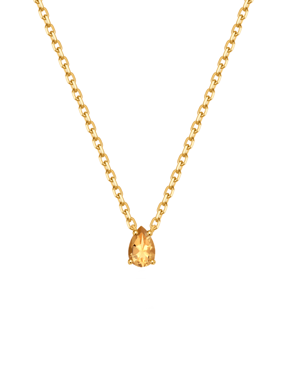 November Citrine Birthstone Necklace featuring a pear-cut citrine in gold-plated sterling silver for joy and abundance.