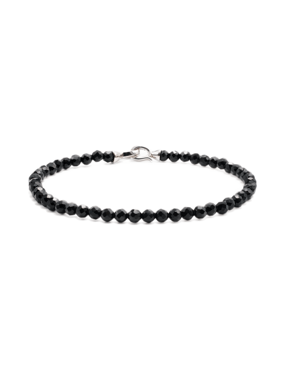 Black Onyx faceted bracelet for men, 4mm beads with sterling silver clasp, promotes strength and emotional balance.