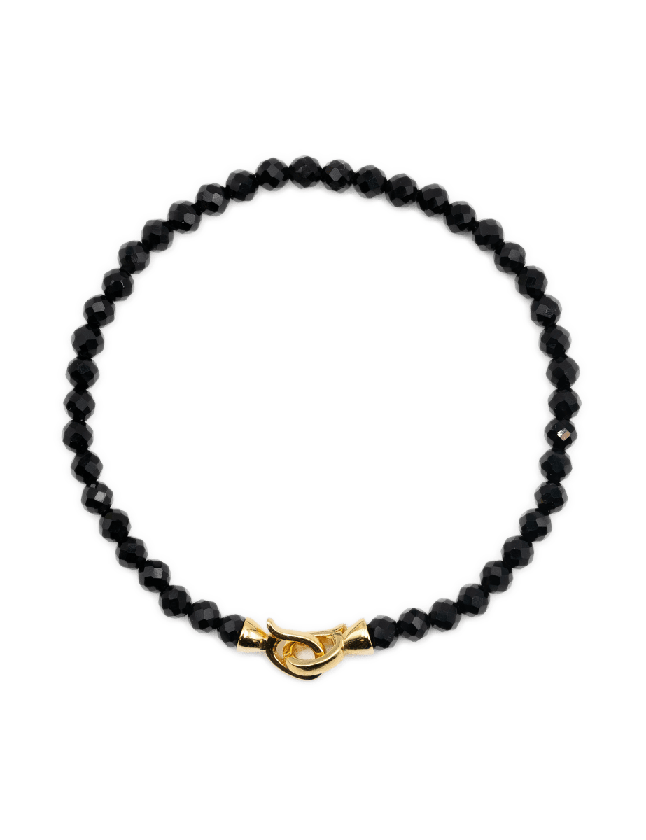 Black Onyx faceted bracelet for men with 4mm beads and gold clasp for protection and emotional balance.