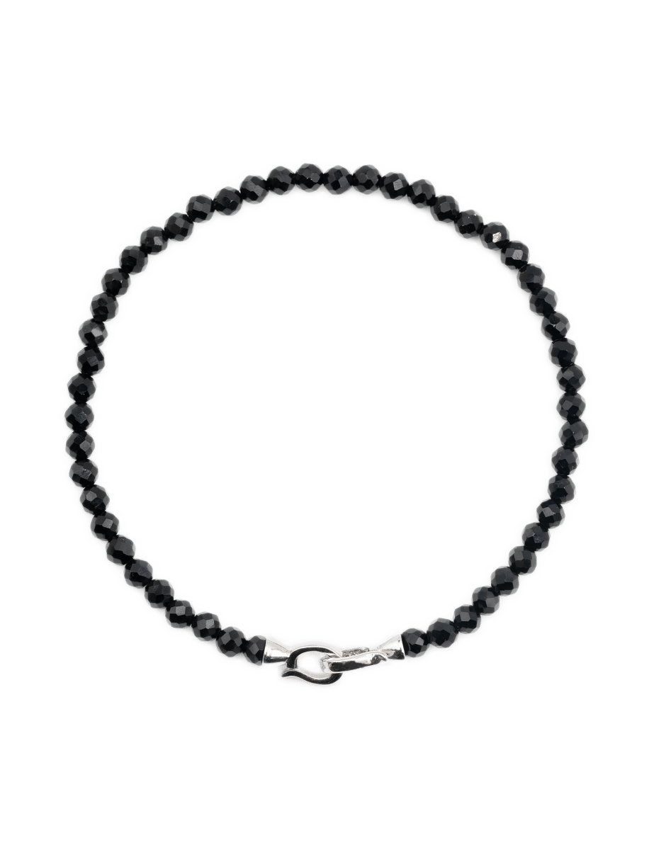 Black Onyx faceted bracelet for men, 4mm beads with sterling silver clasp, promotes protection and emotional balance.