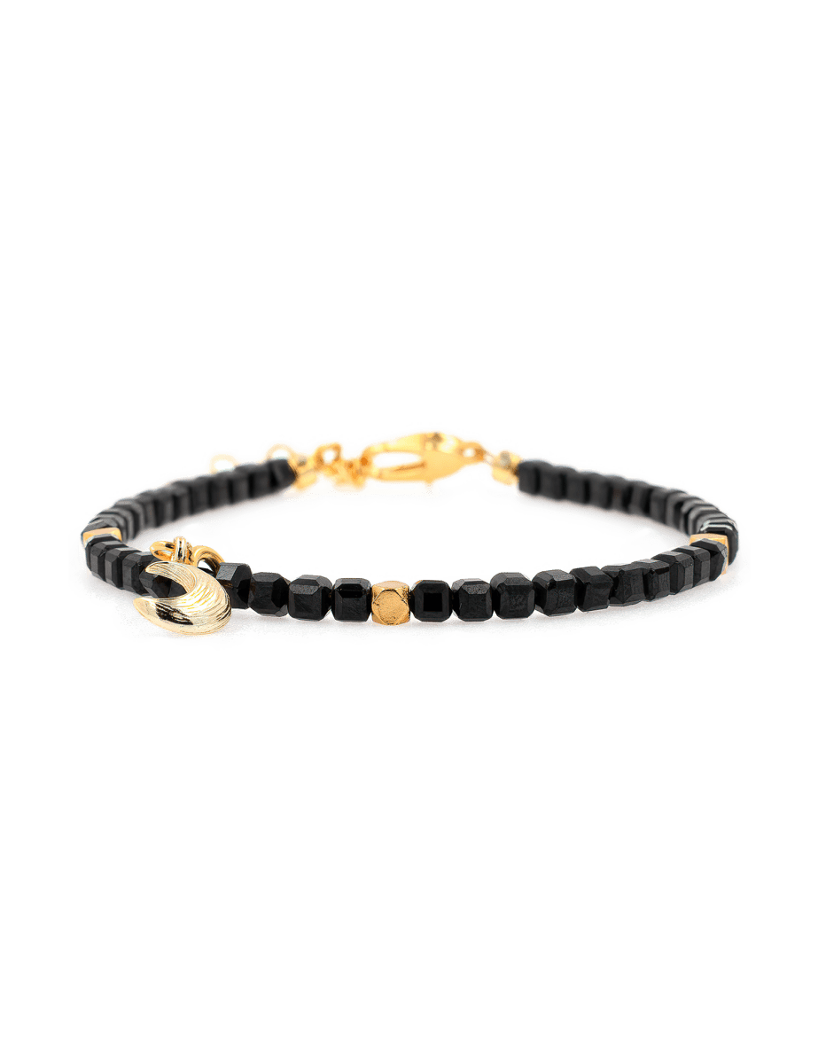Black Tourmaline faceted bracelet with silver spacer bead and moon charm for protection and emotional balance.