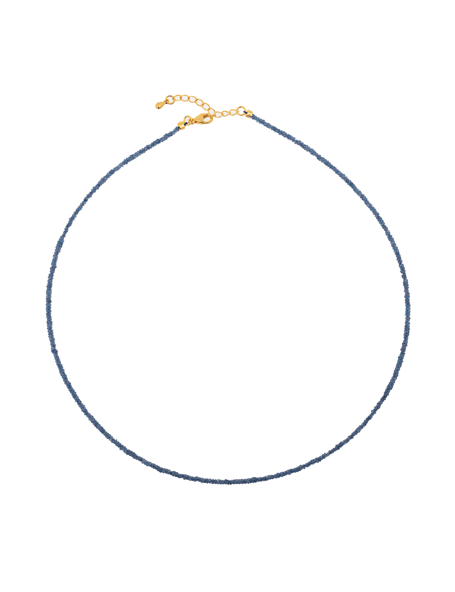 Dainty blue sapphire necklace with 925 sterling silver clasp, symbolizing strength and wisdom.