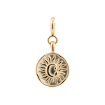 Gold round sun charm with 'C' engraving symbolizing protection and vitality, made from 925 sterling silver.