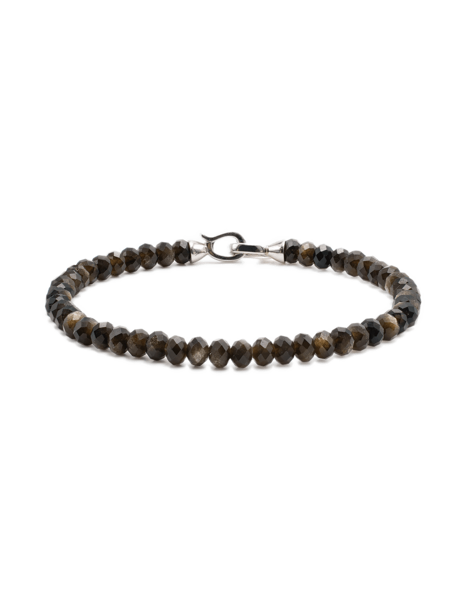 Gold Obsidian bracelet for men, 3x4mm beads, 925 sterling silver clasp, promotes protection and emotional healing.