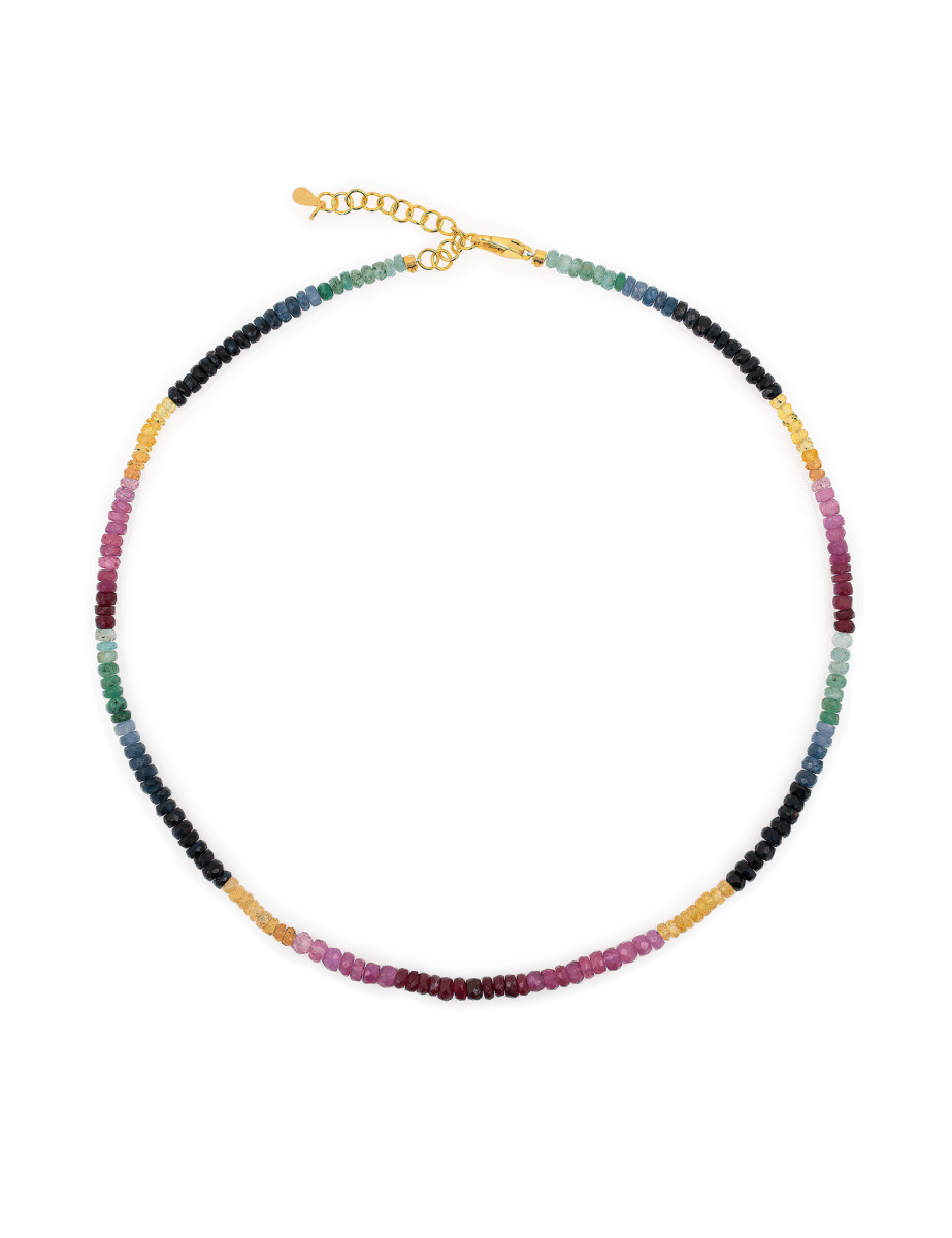Rainbow Sapphire necklace with colorful faceted beads and a gold clasp for energy and positivity.