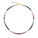 Rainbow Sapphire necklace with colorful faceted beads and a gold clasp for energy and positivity.