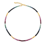 Rainbow Sapphire necklace with colorful faceted beads and a gold clasp for energy and positivity.