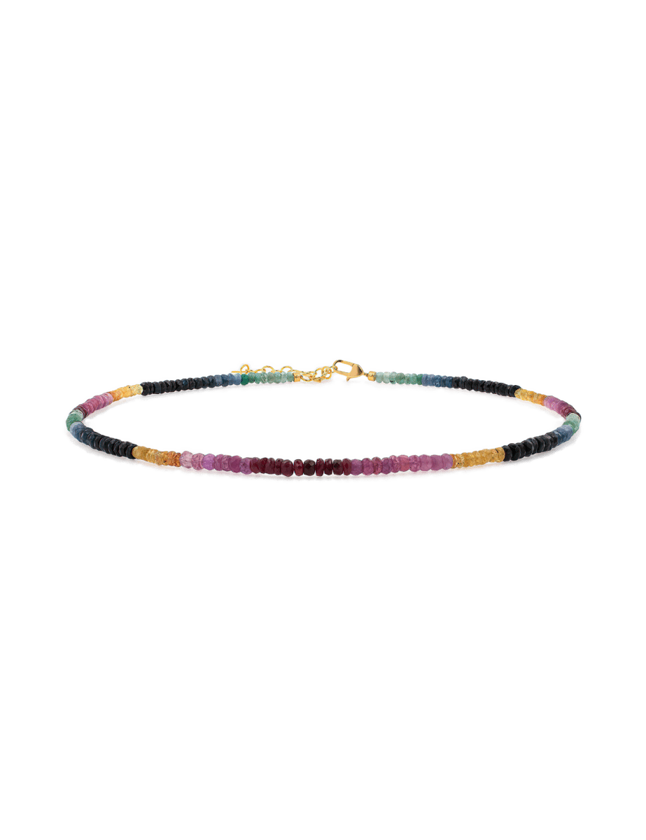 Rainbow Sapphire necklace with faceted beads and 925 sterling silver clasp, promoting positivity and personal growth.