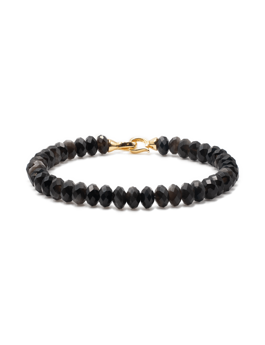 Protection Silver Obsidian Bracelet, 4x6mm faceted beads, grounding and emotional healing for men.