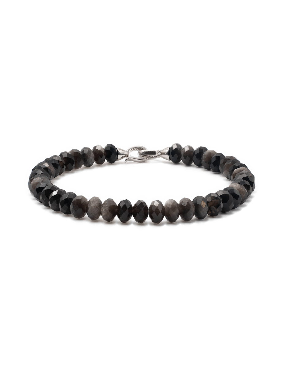 Protection Silver Obsidian Bracelet for men with 4x6mm beads, 925 sterling silver clasp for grounding and emotional healing.