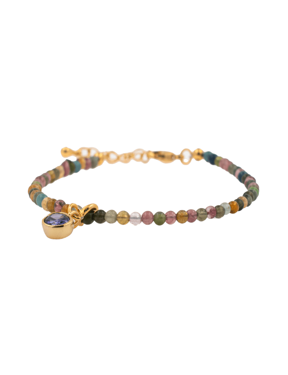 Protection Tourmaline dainty bracelet with Purple Zircon charm, 925 sterling silver accent for emotional healing.