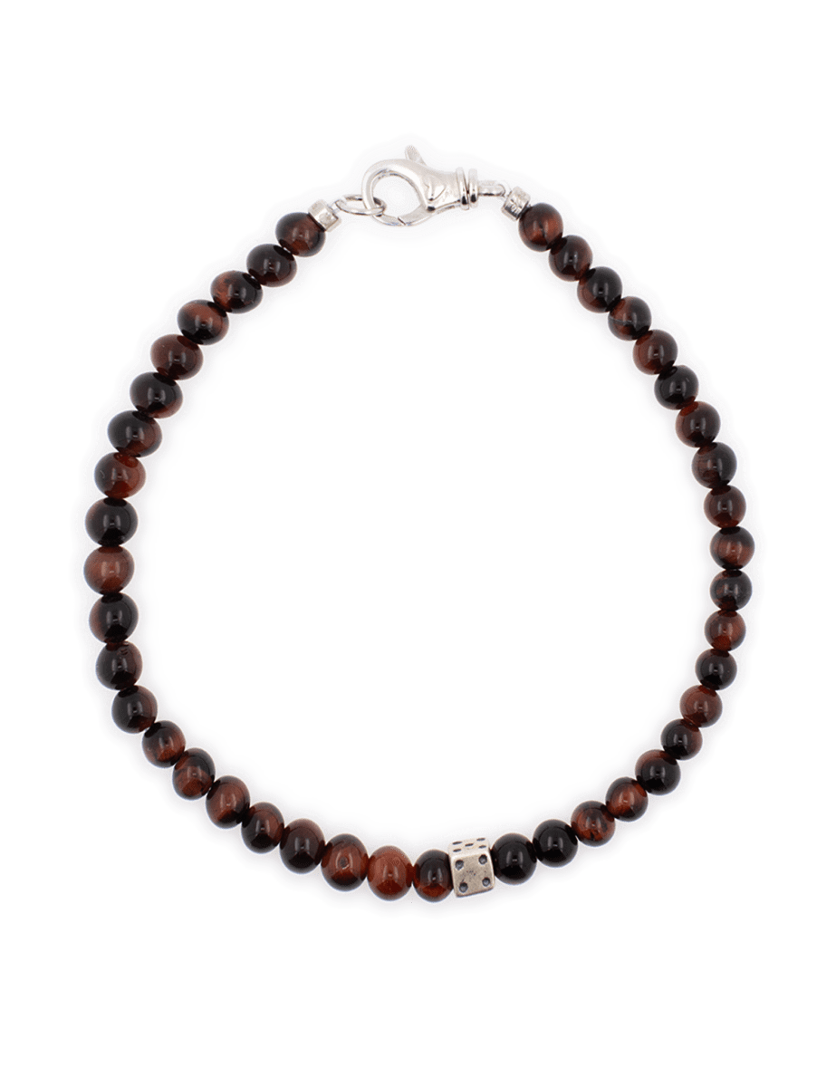 Red tiger eye bracelet for men with sterling silver dice spacer beads, 4mm handcrafted stylish accessory.