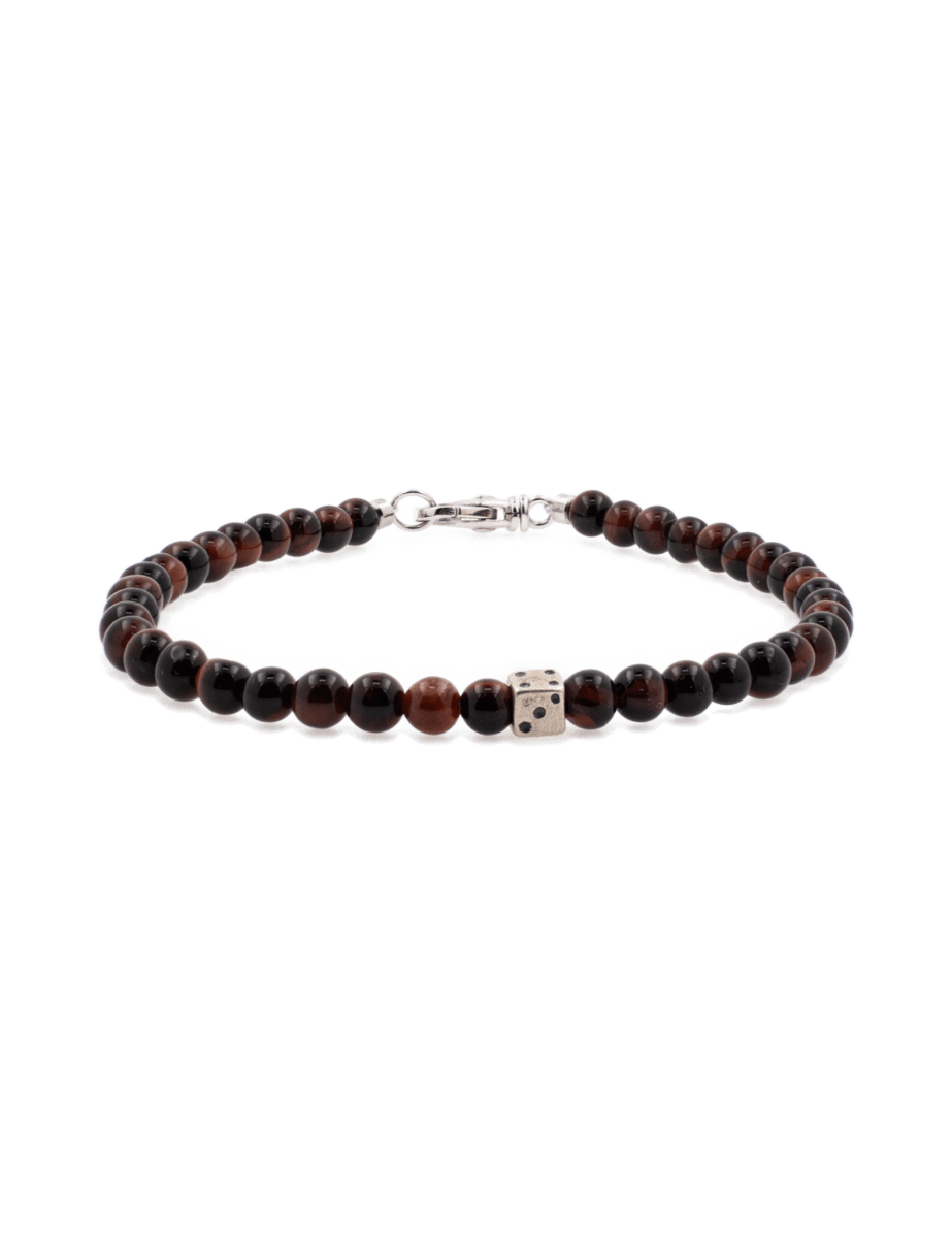Red tiger eye bracelet for men with 4mm beads and sterling silver dice spacer accents.