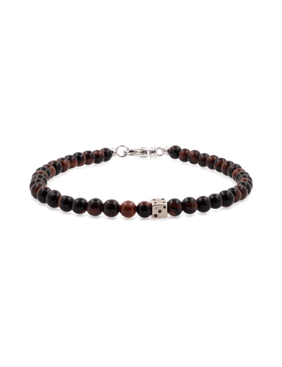 Red tiger eye bracelet for men with 4mm beads and sterling silver dice spacer accents.