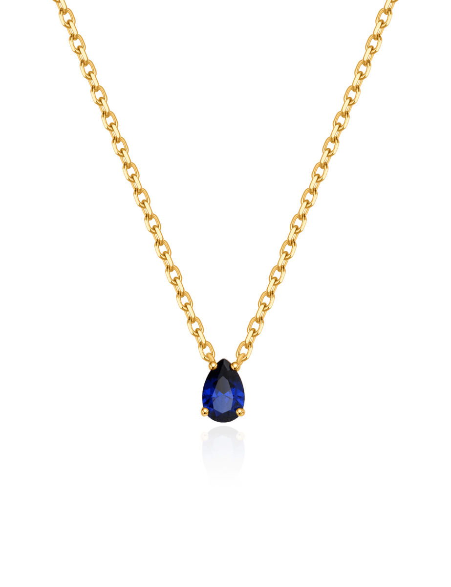 Gold-plated lab-grown sapphire necklace with pear-cut gemstone, showcasing elegance and charm for September birthdays.