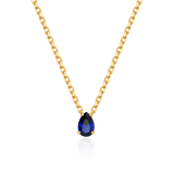 Gold-plated lab-grown sapphire necklace with pear-cut gemstone, showcasing elegance and charm for September birthdays.