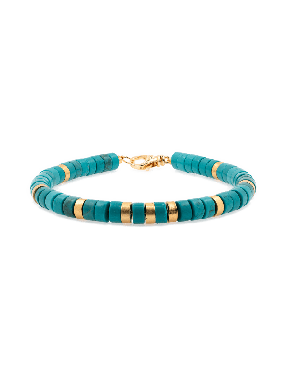 Turquoise & gold-plated sterling silver faceted bracelet for men, handcrafted with 6x3mm beads promoting inner peace.