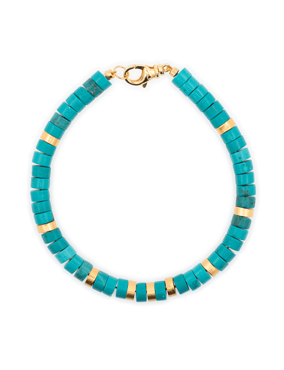 Turquoise and gold-plated sterling silver faceted bracelet for men, handcrafted 6x3mm beads, promoting inner peace.