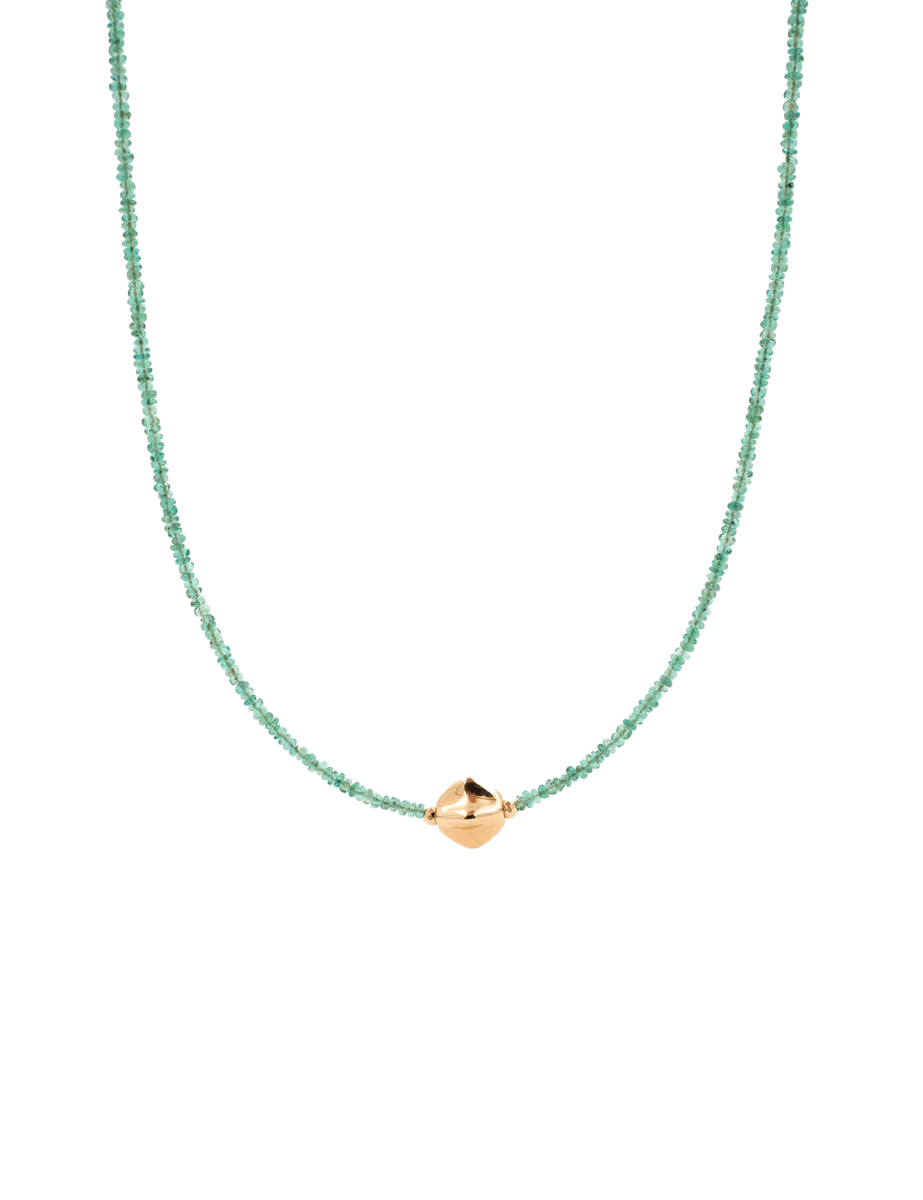 Elegant SHANGHAI Emerald Beaded Necklace with 18K Gold accent, adjustable 16"–18" length, representing growth and wisdom.
