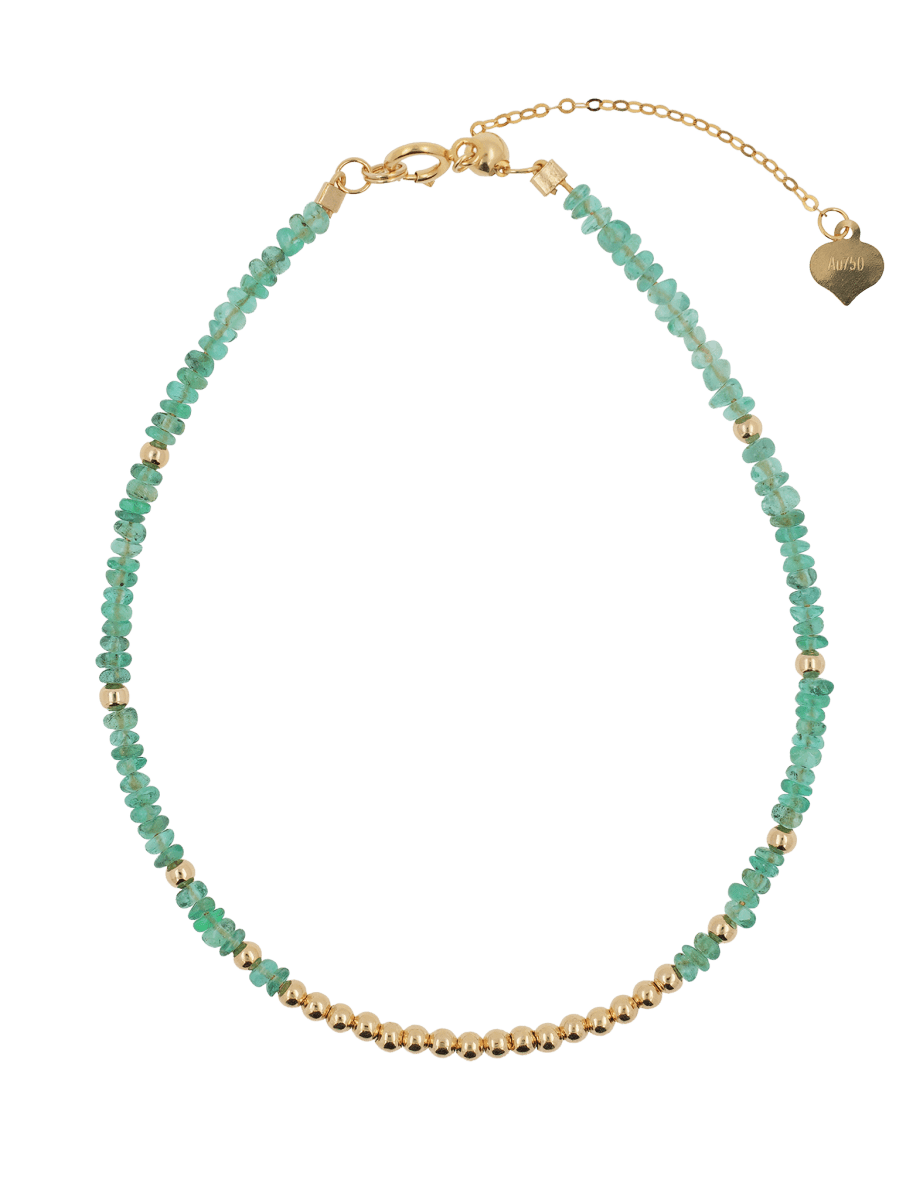 SHANGHAI Emerald Spring Glimmer Beaded Bracelet with 18K Gold accents, showcasing emerald beads for growth and wisdom.