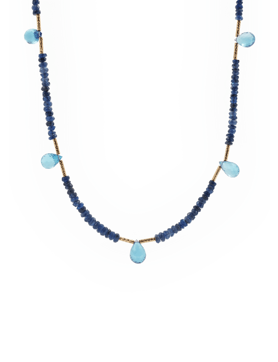 SHANGHAI sapphire and blue topaz drop pendant necklace in 18K gold, handcrafted elegance with depth and brilliance.