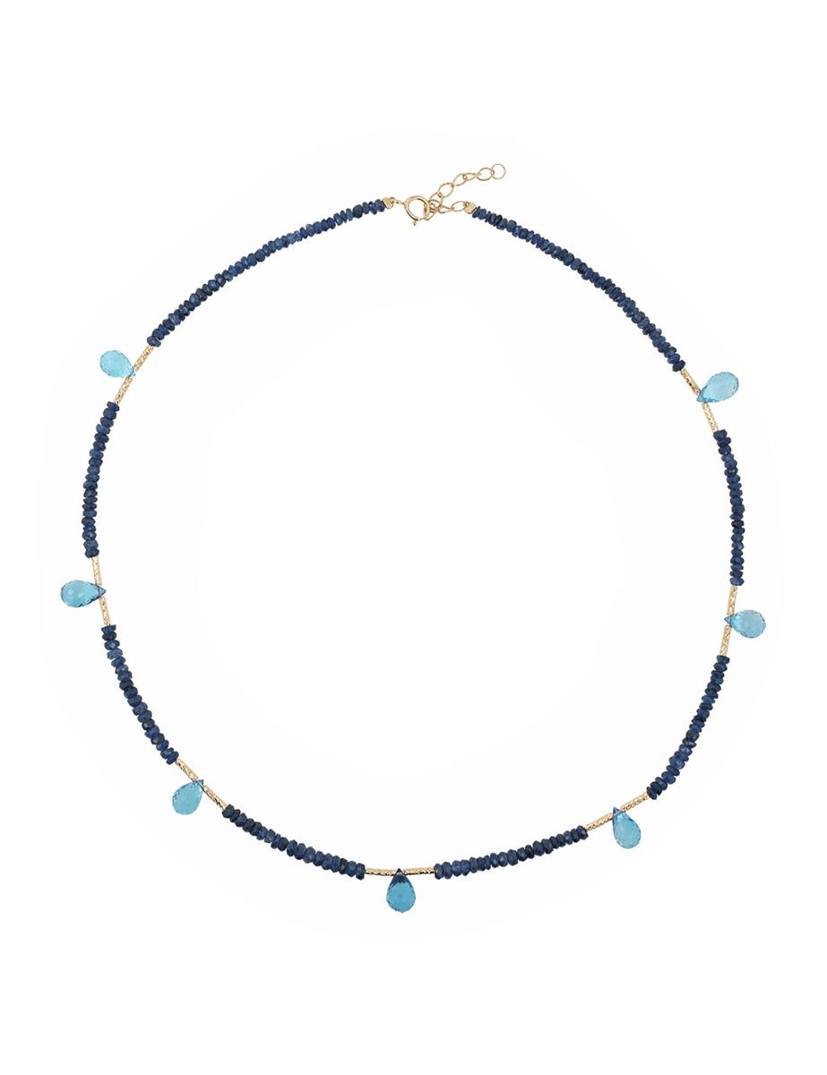 18K gold necklace with blue topaz and sapphire drops, elegant handcrafted design, adjustable length 16"–18"