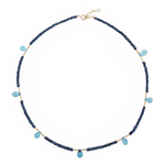 18K gold necklace with blue topaz and sapphire drops, elegant handcrafted design, adjustable length 16"–18"