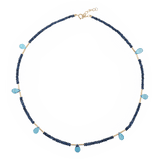 18K gold necklace with blue topaz and sapphire drops, elegant handcrafted design, adjustable length 16"–18"