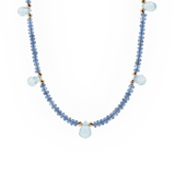 Light sapphire and blue topaz drop pendant necklace in 18K gold, showcasing elegance and handcrafted precision.