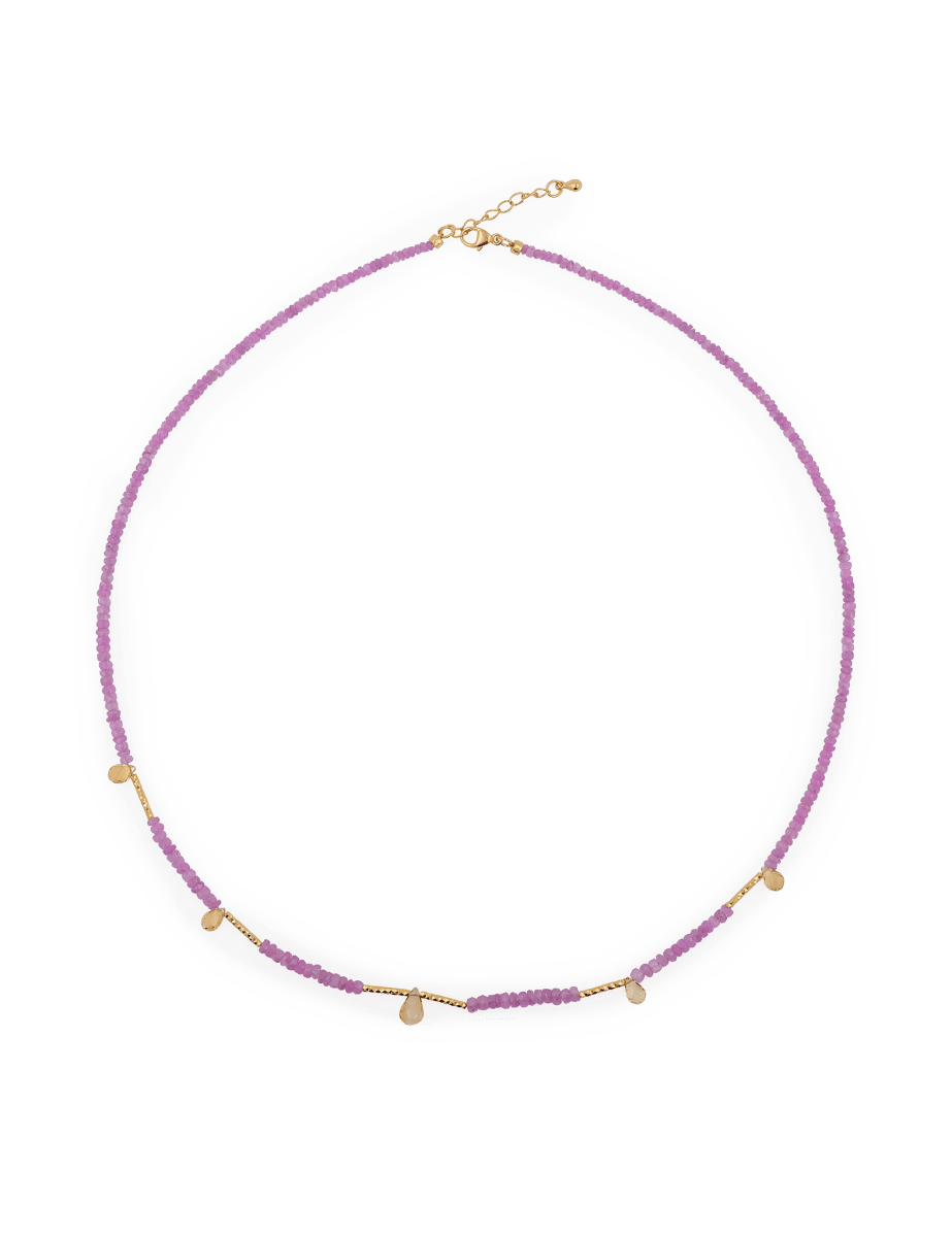 18K gold necklace with pink sapphire beads and delicate gold accents, adjustable length for a perfect fit.