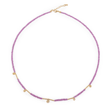18K gold necklace with pink sapphire beads and delicate gold accents, adjustable length for a perfect fit.