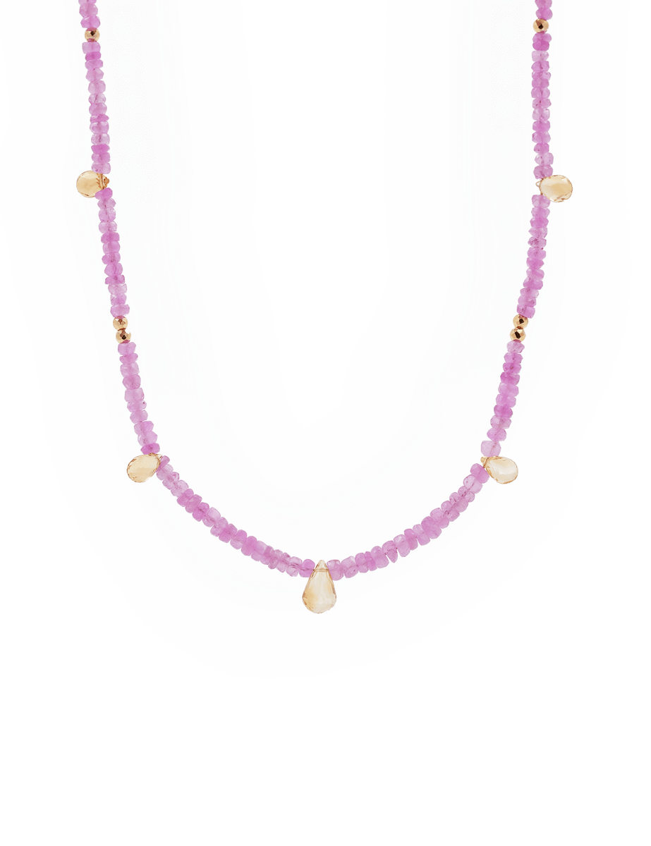 SHANGHAI Pink Sapphire & Citrine Drop Pendant Necklace in 18K Gold, showcasing vibrant gemstones in a minimalist design.