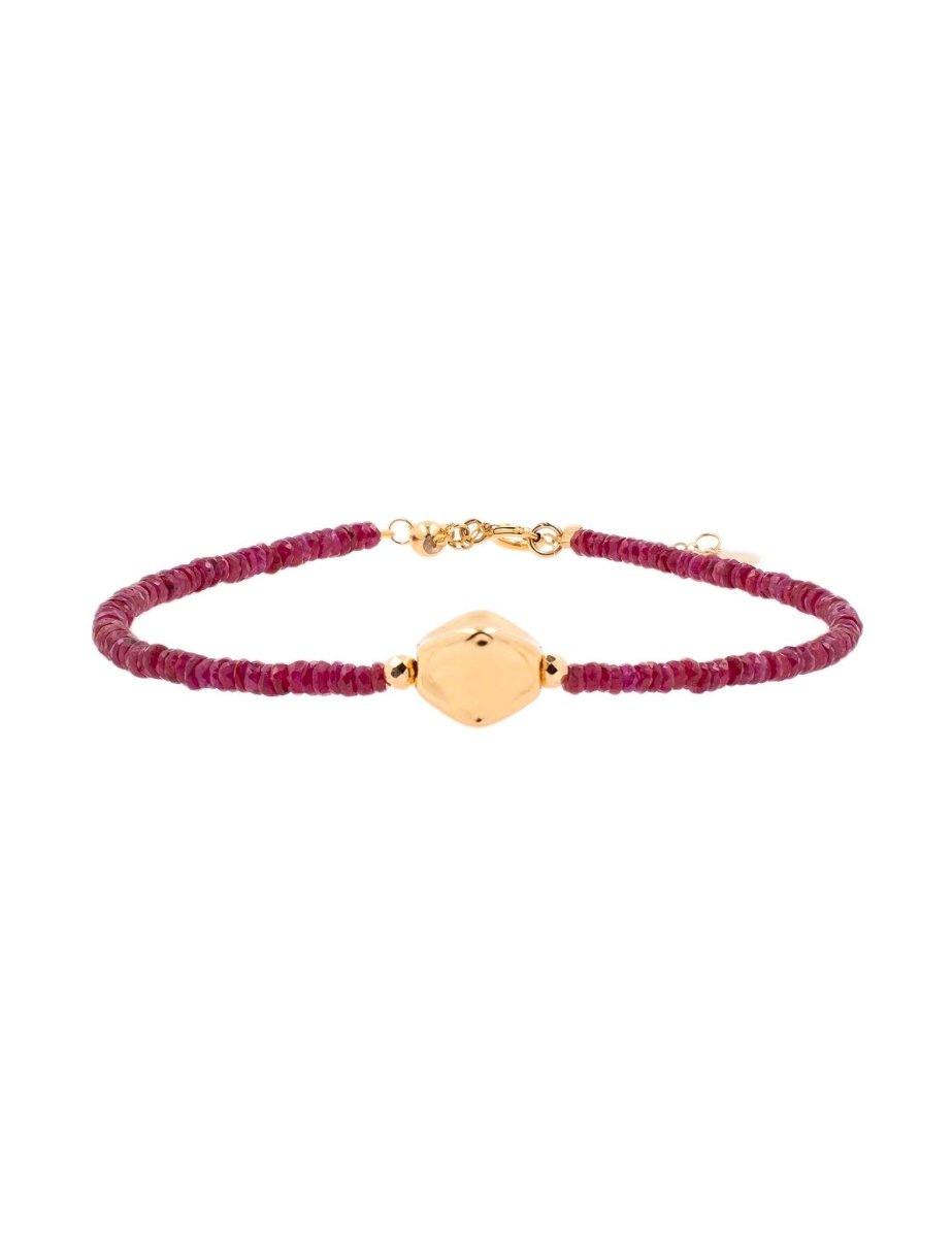 BEAMMORE Ruby Beaded 18K Gold Bracelet with Center Gold Bead – Beaded Gemstone Jewelry