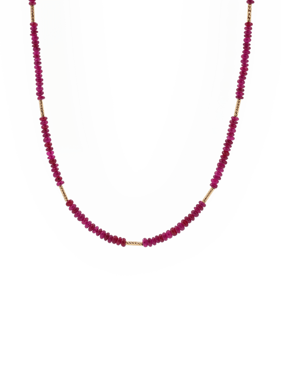 Vibrant SHANGHAI Ruby floral tube beaded necklace in 18K gold, showcasing passion and elegance.