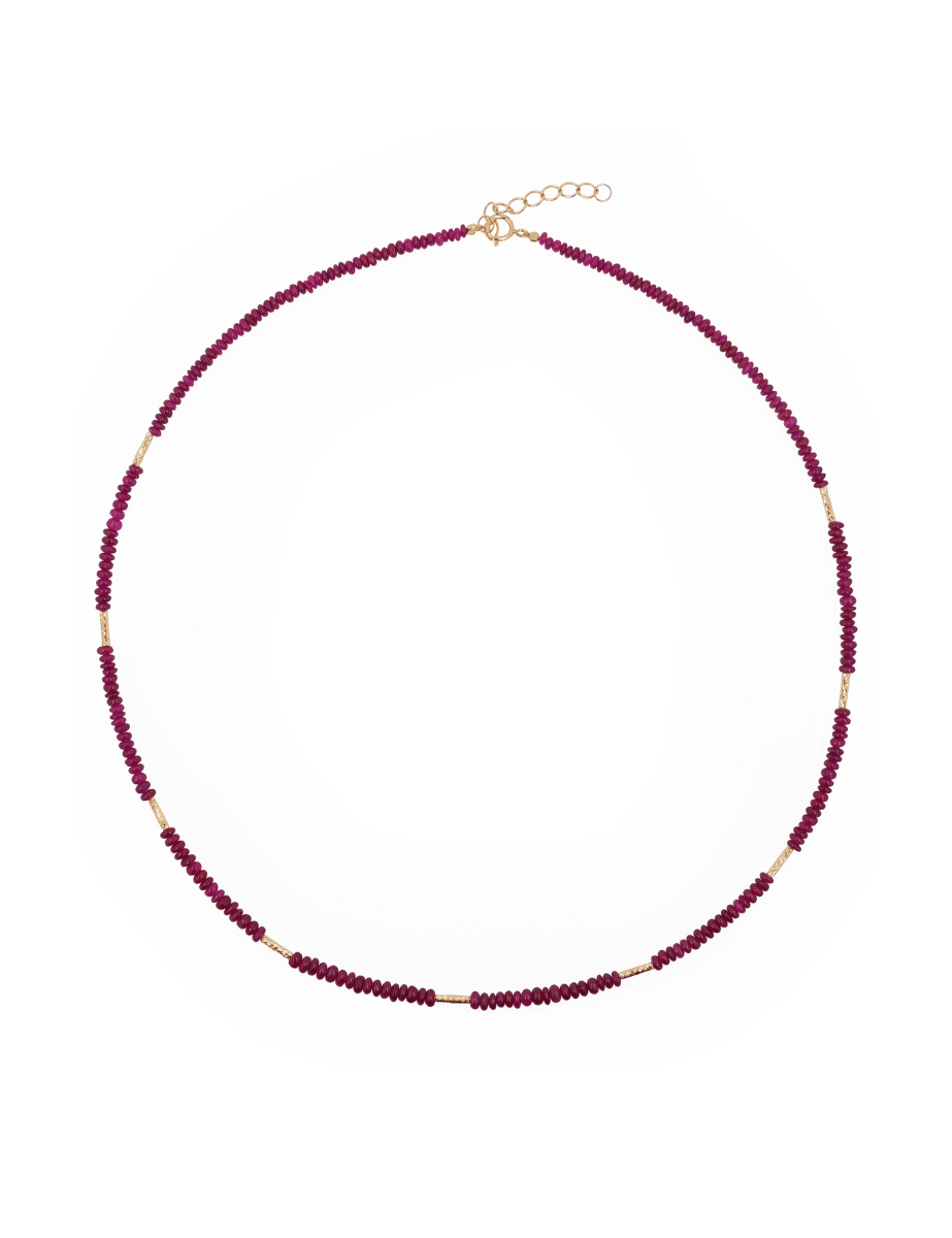SHANGHAI Ruby Floral Tube Beaded Necklace featuring deep ruby beads and polished 18K gold accents, adjustable length.