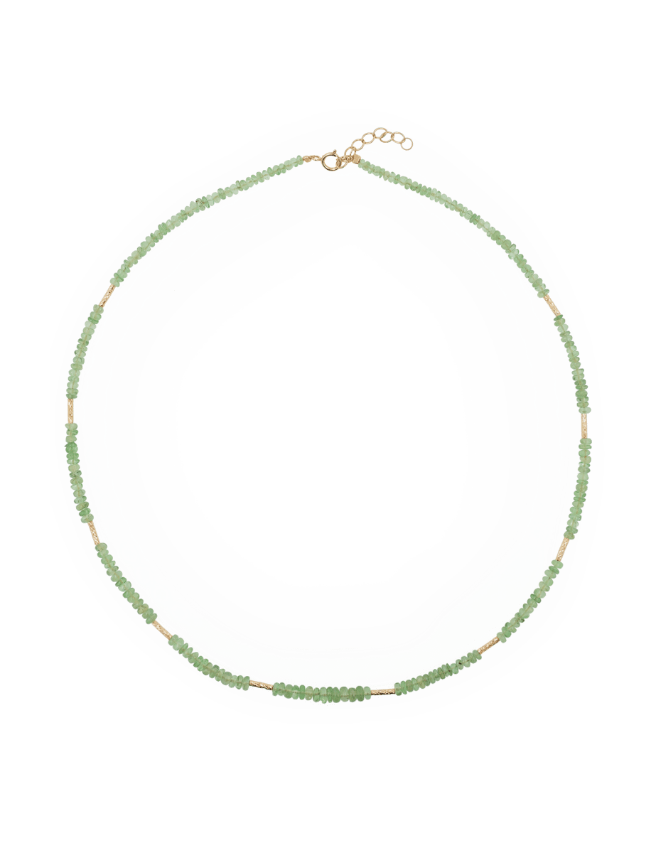 SHANGHAI Tsavorite Tube Necklace in 18K Gold, minimalist design with vibrant tsavorite beads and adjustable length.