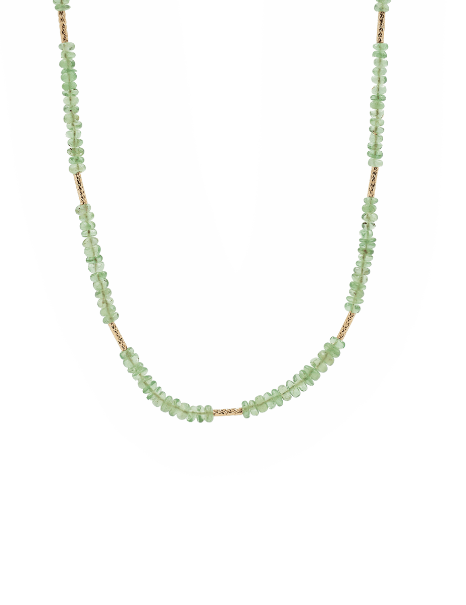 SHANGHAI Tsavorite Tube Necklace in 18K gold with vibrant green tsavorite beads, minimalist design, adjustable 16"-18" length.