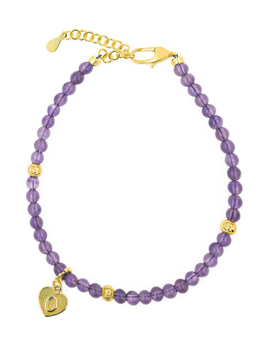 Spirituality Amethyst dainty bracelet with gold heart charm and spacer beads, promoting intuition and emotional balance.