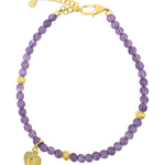 Spirituality Amethyst dainty bracelet with gold heart charm and spacer beads, promoting intuition and emotional balance.