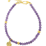 Spirituality Amethyst dainty bracelet with gold heart charm and spacer beads, promoting intuition and emotional balance.